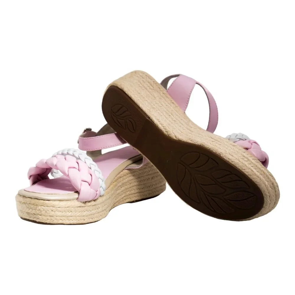 NIB Two Pretty Girls Pink & White Braided Espadrille Wedge Sandal